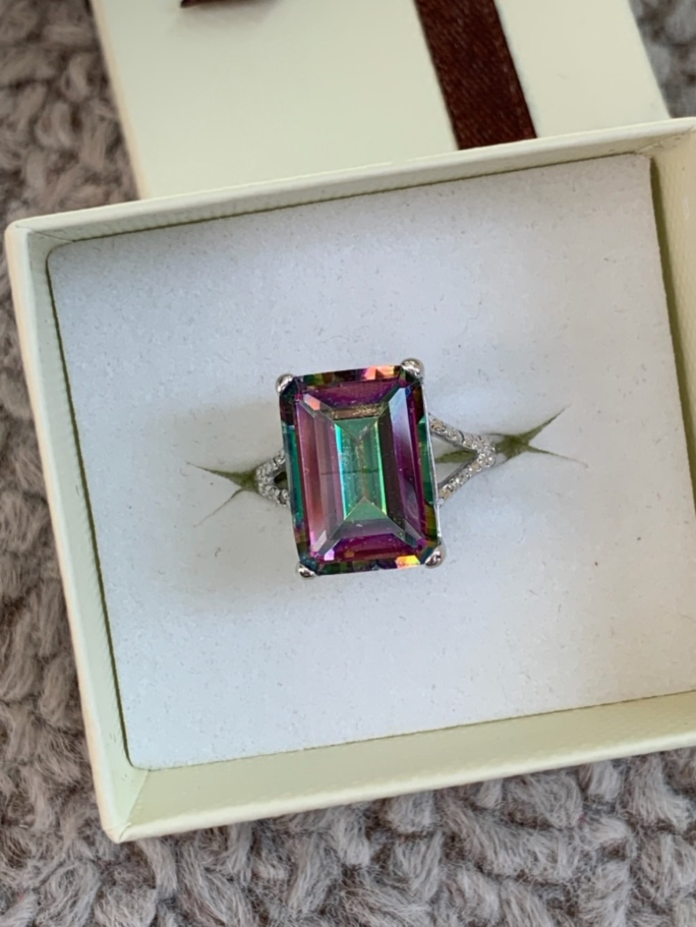 10 Carat NWT Mystic Topaz Multicolor Emerald-Cut Ring